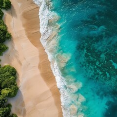 Wall Mural - aerial topdown view of sandy beach and blue ocean water scenic drone photography