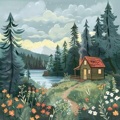 Wall Mural - cozy cabin nestled in serene woodland setting aigenerated landscape illustration