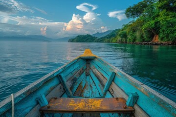 Wall Mural - View from a blue wooden boat heading towards green lush forest under a cloudy sky