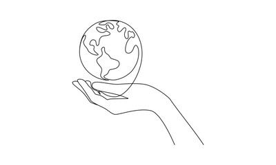 Wall Mural - One continuous line drawing of hand and earth globe. World environment day poster in simple linear style. Protect and save planet concept in editable stroke. Doodle contour vector illustration