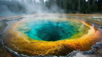 Wall Mural - A hot spring bubbling and steaming in a geothermal landscape, vibrant mineral colors