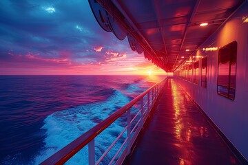 A warm sunset lights up the sky, viewed from the side deck of a moving cruise ship, reflecting on the water