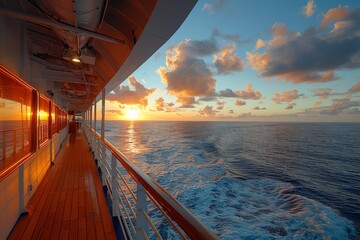 Sunlight bathes the cruise ship's deck in a warm glow against the backdrop of the tranquil ocean