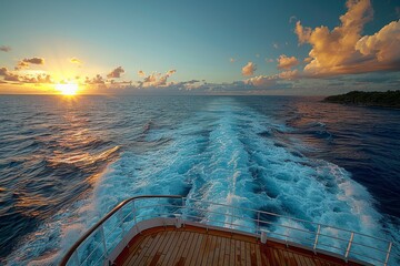 Wall Mural - A stunning image capturing the vibrant sunset from the rear deck of a cruise ship with ocean waves