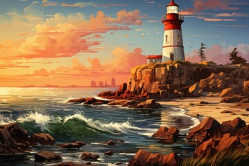 Wall Mural - Coastal lighthouses - Generative AI