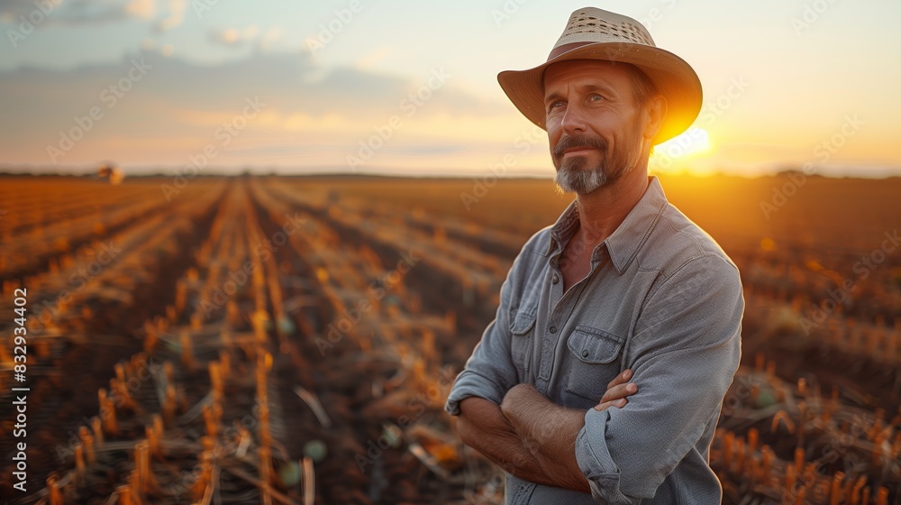 Farmer Standing Proud in Sunset Field. Portrait of a confident farmer ...