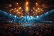 © LifeMedia - A large crowd watches a boxing match in an illuminated arena with a ring at the center