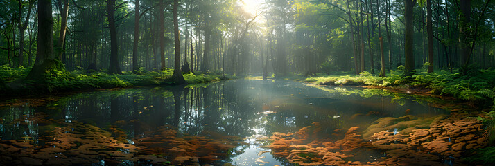 A panoramic view of a nature peatland, the calm water and lush surroundings creating a serene atmosphere