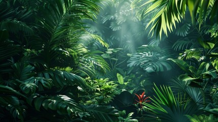 Wall Mural - A lush green jungle with a red flower in the foreground