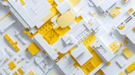 Internal structure of mobile phone,White and yellow Lego material,LEGO joint brand,Smooth arc lines,Minimalism,Futurism,top view,pure white background