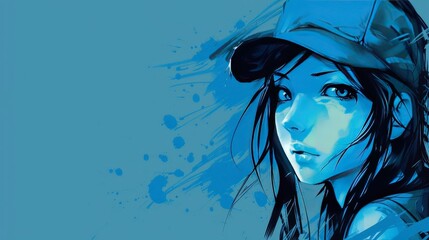 Canvas Print - Beautiful blue anime girl, baseball cap, graffiti Artist. sage blue background - 