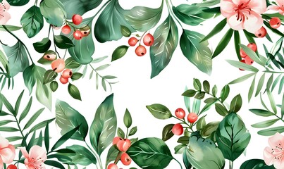 Poster - Watercolor Floral Seamless Pattern with Delicate Leaves and Berries, Generative AI