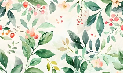 Wall Mural - Watercolor Floral Seamless Pattern with Delicate Leaves and Berries, Generative AI