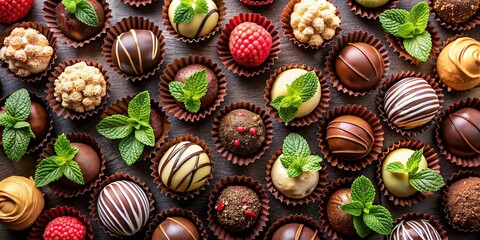 Wall Mural - A top-down view of assorted handmade chocolate truffles filled with different flavors like caramel, raspberry, and mint