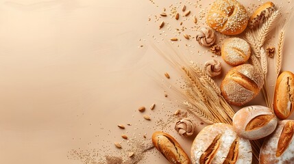 Wall Mural - Different bakery products on brown background