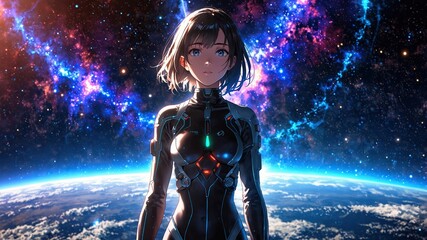 Wall Mural - A young woman standing in the middle of a crack in a galaxy, surrounded by colorful cosmic elements and stars