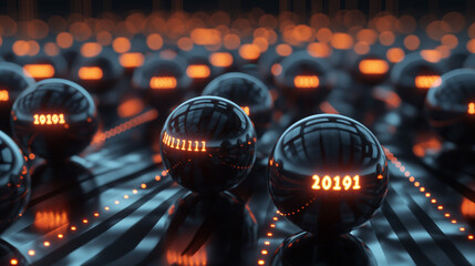 futuristic technology background with glowing binary codes on black spheres, cyber tech wallpaper 
