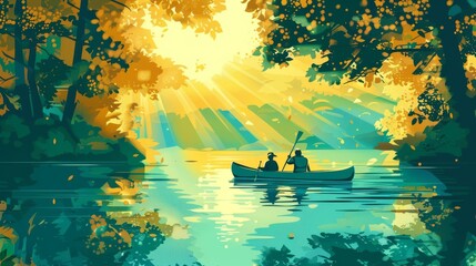 
Illustration of two mans in a boat on a river at autumn.