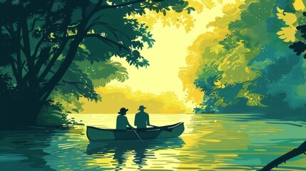 
Illustration of two mans in a boat on a river at autumn.