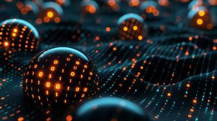 futuristic technology background with glowing binary codes on black spheres, cyber tech wallpaper 