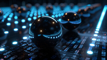 futuristic technology background with glowing binary codes on black spheres, cyber tech wallpaper 