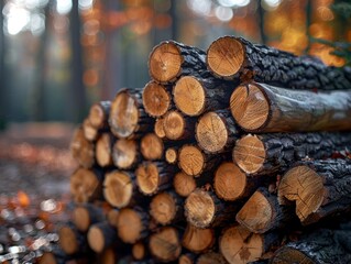 A detailed, close-up view of freshly cut logs stacked in a dense forest setting with a beautiful bokeh effect illustrating the serene environment