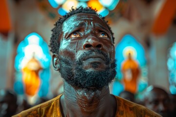 Wall Mural - Old african man praise God in church.