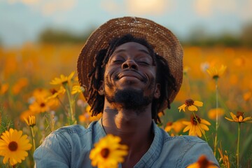 Sticker - Happy african american man enjoying life in a meadow.