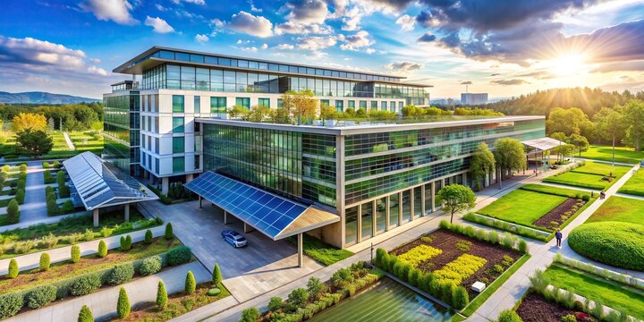 A serene landscape showing a modern, eco-friendly office building with solar panels and a rooftop garden