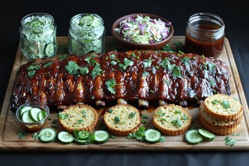 Wall Mural - Platter of Barbecue Ribs, Cucumbers, and Pickles