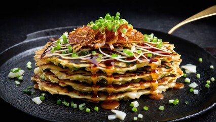 Wall Mural - Essence of Breakfast, Minimalist Stack of Pancakes with Cheese, Bacon, Green Onions, and Sauce