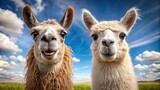 Fototapeta  - Funny cartoon of an alpaca and a llama standing together with silly expressions