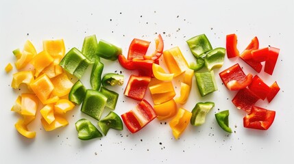 Wall Mural - Different colored chopped bell peppers on white background viewed from the top