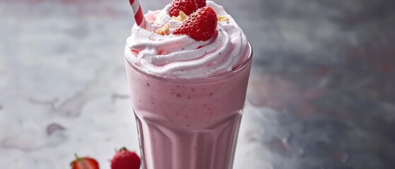 beautiful strawberry milkshake in a glass, professional setting and nice colors