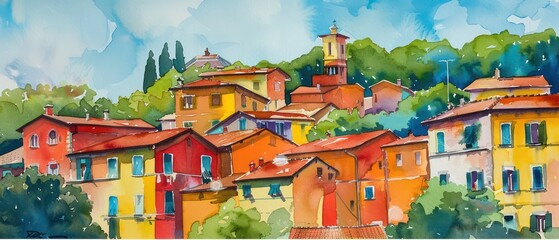 Wall Mural - small town village watercolored illustration wallpaper with vivid and warm colors