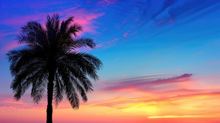 Poster - Date palm tree silhouetted against a colorful sunset sky in a tropical setting