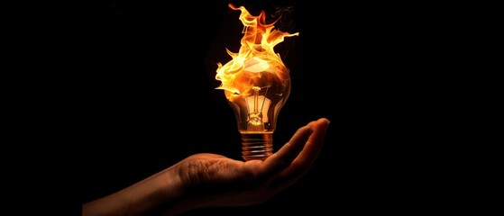 hand holding a light bulb on fire isolated on a black background