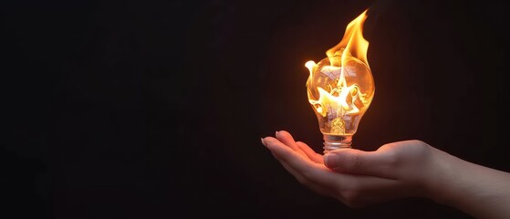 Wall Mural - hand holding a light bulb on fire isolated on a black background