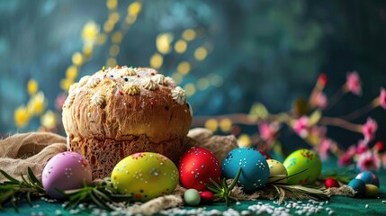 Wall Mural - Festive Spring Symbols Sweet Easter Bread Panettone Kulich and Colorful Painted Eggs