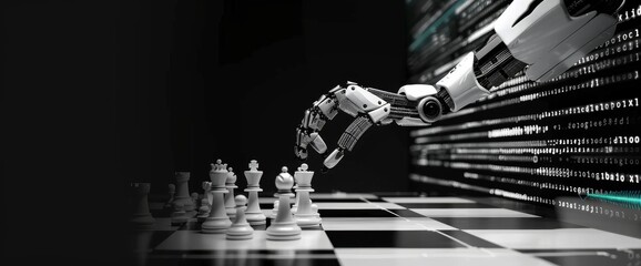 Digital art of a robot arm playing chess, in black and white with a digital background showing data streams on the right side