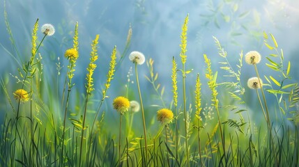 Poster - Dandelions and Horsetails in a Spring Setting