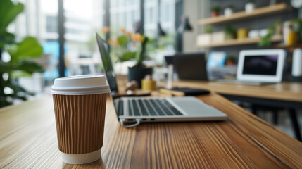Canvas Print - recyclable cup of coffee with laptop on the table in modern office, coffee break at work