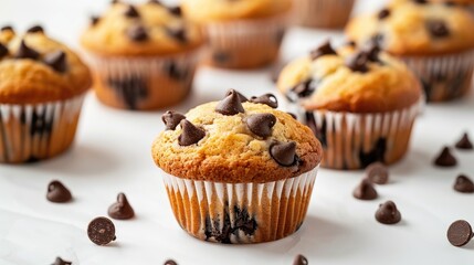 Wall Mural - Chocolate chip muffins on a white backdrop