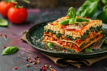 Poster - Savor the Flavor: Tofu and Spinach Lasagna, a Delicious and Nutritious Vegetarian Meal, Perfectly Plated for a Healthy Italian Dinner.
