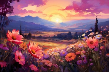 Wall Mural - Summer flower fields - Generative AI