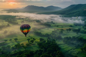 Wall Mural - A hot air balloon drifting peacefully over a lush green valley shrouded in mist at sunrise