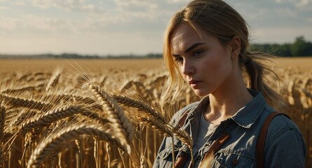 Wall Mural - young woman working on wheat fields background