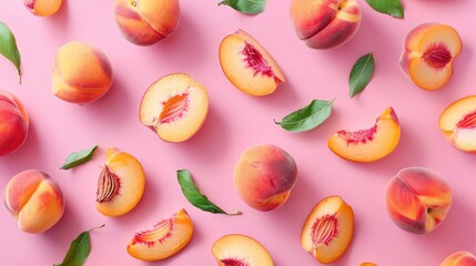 Sticker - Fresh ripe peaches sliced and whole on a pink background top view