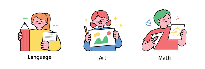Wall Mural - cute student characters learning various things at school. langguage, art, math class. outline simpl