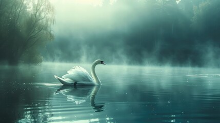 Wall Mural - A white swan is gliding across the lake